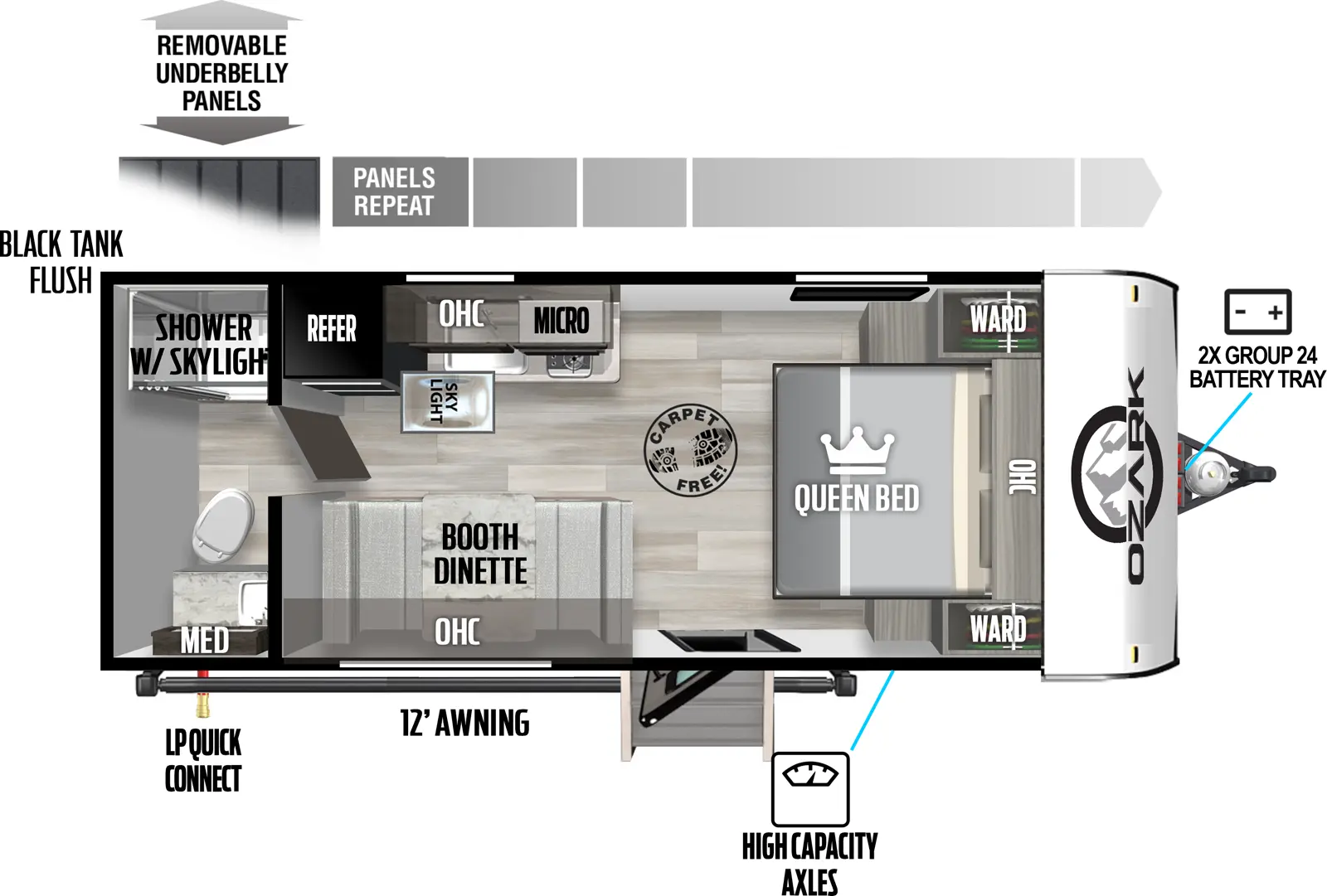 The 1660FQ has no slideouts and one entry. Exterior features include removeable underbelly panels, solar extended 200 watt power package, 2x group 24 battery tray in the front, quick drop stabilizer jacks, and high capacity axles. Interior layout front to back: king bed; carpet free; entry door; off-door side kitchen with microwave, cooktop, overhead cabinets, dual swinging 12 volt refrigerator, and skylight; door side booth dinette; rear bathroom with shower with skylight.